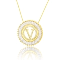 Minimalist gold necklace featuring a round zircon pendant with a central letter V cutout - Gold Letter-V