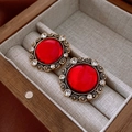 Vintage round gold-tone earrings featuring a deep red resin stone and sparkling crystals - Gold Round Red Stone Style (25#)