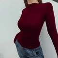 Slim fit burgundy long sleeve top with lace trim collar and knitted texture design - S / Burgundy
