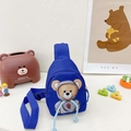 Blue kids crossbody bag with cartoon bear wearing a hoodie print and adjustable strap - Blue