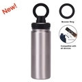 Matte silver stainless steel magnetic sports bottle with carrying loop and booster ring - Matte Silver with Black Lid
