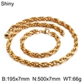 Polished golden rope chain necklace and bracelet set in 7mm stainless steel for men and women - Gold (KS107265-Z)