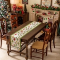Camino de mesa navideño blanco con borde verde, borlas y patrón de árboles en jacquard - Árbol De Navidad Verde Claro Con Borlas Verdes (no Lavar A Máquina) / 35x300cm
