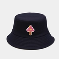 Detailed close-up of pink mushroom embroidery on a navy cotton bucket hat with clean stitching - M (56-58cm) / Cute Mushroom Navy Blue