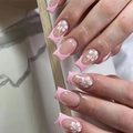 Pink French press-on nails with 3D embossed white flowers in long coffin shape - K052【24pcs】 / Boxed (jelly Gel + Granules)