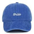 Close-up of white Bride embroidery on a washed blue cotton vintage baseball cap - Adjustable / Sapphire Blue