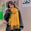 Soft yellow cashmere-feel scarf with elegant fringe detail for winter warmth - Turmeric
