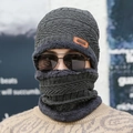 Dark gray knitted winter hat and neck warmer set with thick plush lining for men - Gray Hat & Neck Warmer Set