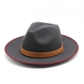 Detailed texture of dark grey wool felt fedora with camel leather strap and gold rivet - M(56-58cm) / Grey With Red Edge
