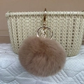 Faux rabbit fur ball keychain in light brown with golden clasp for bags and keys - Light Coffee
