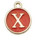 Gold round letter X pendant charm in red enamel finish for DIY jewelry making - Letter X Style / 1 Piece (12x14mm) / Red
