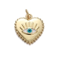 Primer plano del colgante de corazón dorado con motivo de ojo turco y borde de cuentas - Corazón de Cuentas de Oro Mal de Ojo