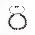 Matte black stone beaded bracelet with metal cross charm and brown tiger eye stone accent - Matte Black + Yellow Tiger Eye + Cross