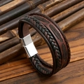 Men's multilayer braided leather feather bracelet with a silver magnetic buckle closure - Coffee