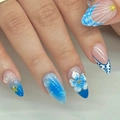 Ocean themed handmade press-on nails with 3D seashells, starfish and water drop textures - K086【24pcs】 / Boxed (jelly Gel + Granules)