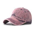 Detail of vintage pink washed denim baseball cap with distressed texture and curved brim - Adjustable / Denim Red