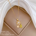 Detail of flower necklace with pearl, green enamel leaves, 1.7x2.7cm pendant size - Flower Necklace (D153)