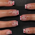 Pink translucent square nails with cherry heart patterns and red rhinestones - No Accessories Style / X-0088 Pink Cherry Rhinestone