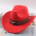 Red western cowboy hat with silver bull head emblem and studded black leather band - One Size 57-58cm / White Bull Head with Three-Row Studs / Red