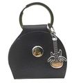 Detail of black leather guitar pick pouch with winged guitar pendant and key ring - Black Pick Bag + Silver Angel Wing Guitar Pendant