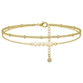 Three-layer 18K gold plated stainless steel anklet with white pearls and a crystal charm - Gold Triple Layer Pearl Zircon Pendant Anklet (BR8164)