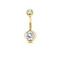 Golden stainless steel belly ring featuring two clear sparkling gemstones on white background - Gold Double Zircon