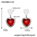Silver stainless steel heart earrings featuring faceted red glass stones and dimensions - Red Faceted Stone Steel Earrings (F947)
