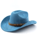 Detail view of bright blue faux suede cowboy hat with brown belt and silver metal buckle - M (56-58cm) / Lake Blue