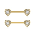 Detailed close-up of heart-shaped gold nipple rings with zircon stones on white background - Gold Heart Style (1993 Gold)
