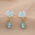Floral stud earrings with blue teardrop stones and frosted white rose design - No.79 Rose Blue Gemstone Pendant (SSS0772)