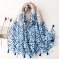 Pañuelo bohemio con estampado de leopardo y cachemira con borlas azules oscuras - Talla única / Leopardo Paisley Empalmado Azul-Blanco (SL2302-011)