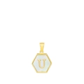 18k gold plated stainless steel hexagonal pendant with letter U on mother of pearl - Letter U