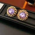 Detailed close-up of vintage gold tassel earrings with purple crystals in a gift box - 47# Silver Earring Post - Gold - Purple