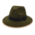 Detailed top view of dark green wool fedora with black ribbon and light brown brim edging - M (56-58cm) / Army Green