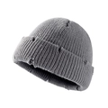 Medium gray distressed knit beanie with ribbed texture and vintage frayed edge details - Gray