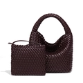 Dark brown woven leather tote bag set with matching pouch in classic intrecciato style - Grape Purple