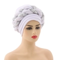 Detail of white turban hat featuring braided silver sequins and a stylish layered design - White with Silver