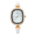 Elegant rose gold oval watch for women with rhinestone bezel and white leather strap - White