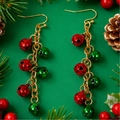 Christmas drop earrings featuring festive red and green bells on golden chains - Earrings (0633)