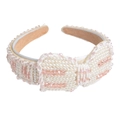 Pink and white pearl beaded headband featuring a central bow and soft beige fabric lining - Pink and White Artificial Pearl Bowknot (Series 8-6)