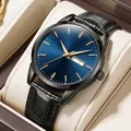 Orologio OLEVS al quarzo da uomo con quadrante blu soleil e cinturino in pelle nera - Stile Uomo / Pelle Nera Cassa Nera Quadrante Blu