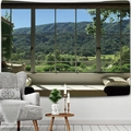 Detail view of a forest landscape tapestry hanging over a sofa in a modern room - Pattern 5 (Sky & Mountain)