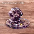 Cat paw resin figurine with amethyst crystals and colorful sequins on wood base - Amethyst with Sequins