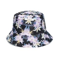 Black bucket hat featuring a vibrant purple and yellow lily flower print for summer vacations - Black Lily Floral Print (1)