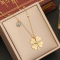 Golden stainless steel necklace with clover and evil eye charms in a jewelry box - Clover Evil Eye Style (5#)
