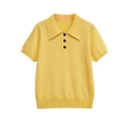 Bright yellow short sleeve knit polo shirt with black buttons on a white background - S / Yellow