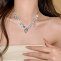 Perlenhalskette in Blau mit Herz- und Kreuzanhänger für Frauen, elegante Optik - Blaue Perle Schleife Runde Perle (50#)