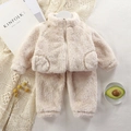 Kids warm fleece two-piece lounge set in cream white with zipper jacket and pants - Off White / 80cm