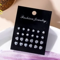 Set of 12 pairs of retro geometric heart and round crystal stud earrings on black card - Heart and Round Combination Style (2876-1)