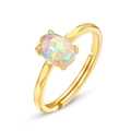 Minimalist 925 silver gold plated ring with oval opal and hammered texture band - Adjustable Open / Gold/Synthetic Opal
